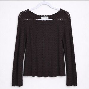 Y2K Crochet Chocolate Brown Sweater Knit Semi Sheer Scalloped Trim Crew Neck‎ L